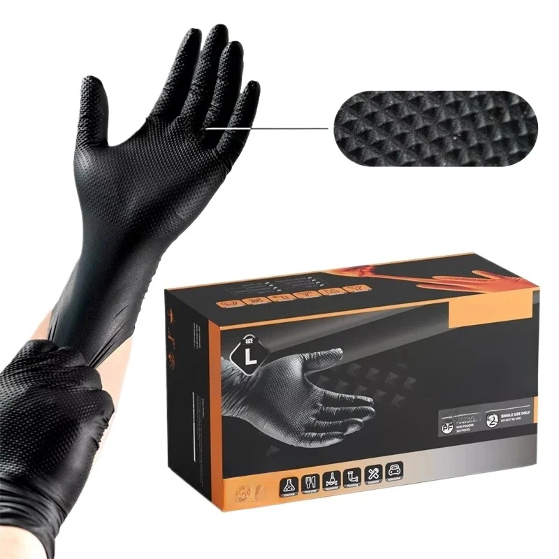 Gants industriels en Nitrile noir, 8mil, jetables, robustes, avec texture diamant, sans Latex, pour tatouage mécanique, Auto