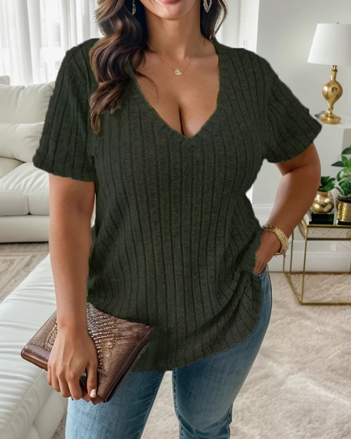 Europejski i amerykański transgraniczny Plus Size damskie T-shirty z dekoltem w szpic topy w paski