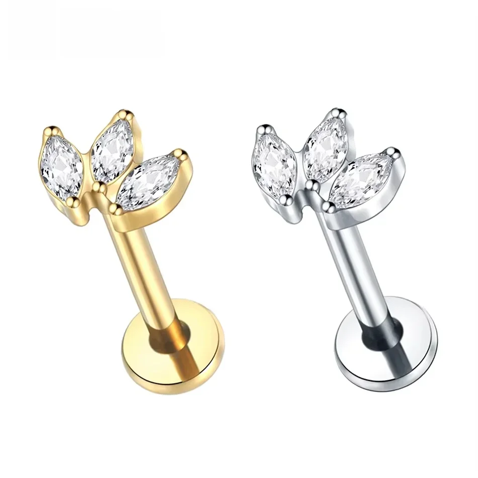 1pc Labret Piercing titane lèvres goujons avec 3 Marquise CZ ventilateur haut fil interne Cartilage boucle d'oreille Sexy bijoux de corps