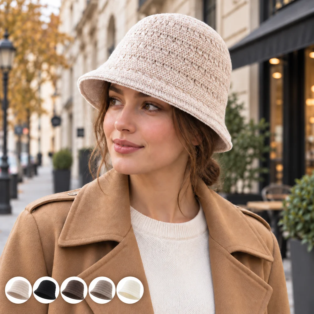 Women Openwork Knitted Bucket Hat Soft Lightweight Short Brim Cloche Cap Casual Autumn Outdoor Fashion Headwear