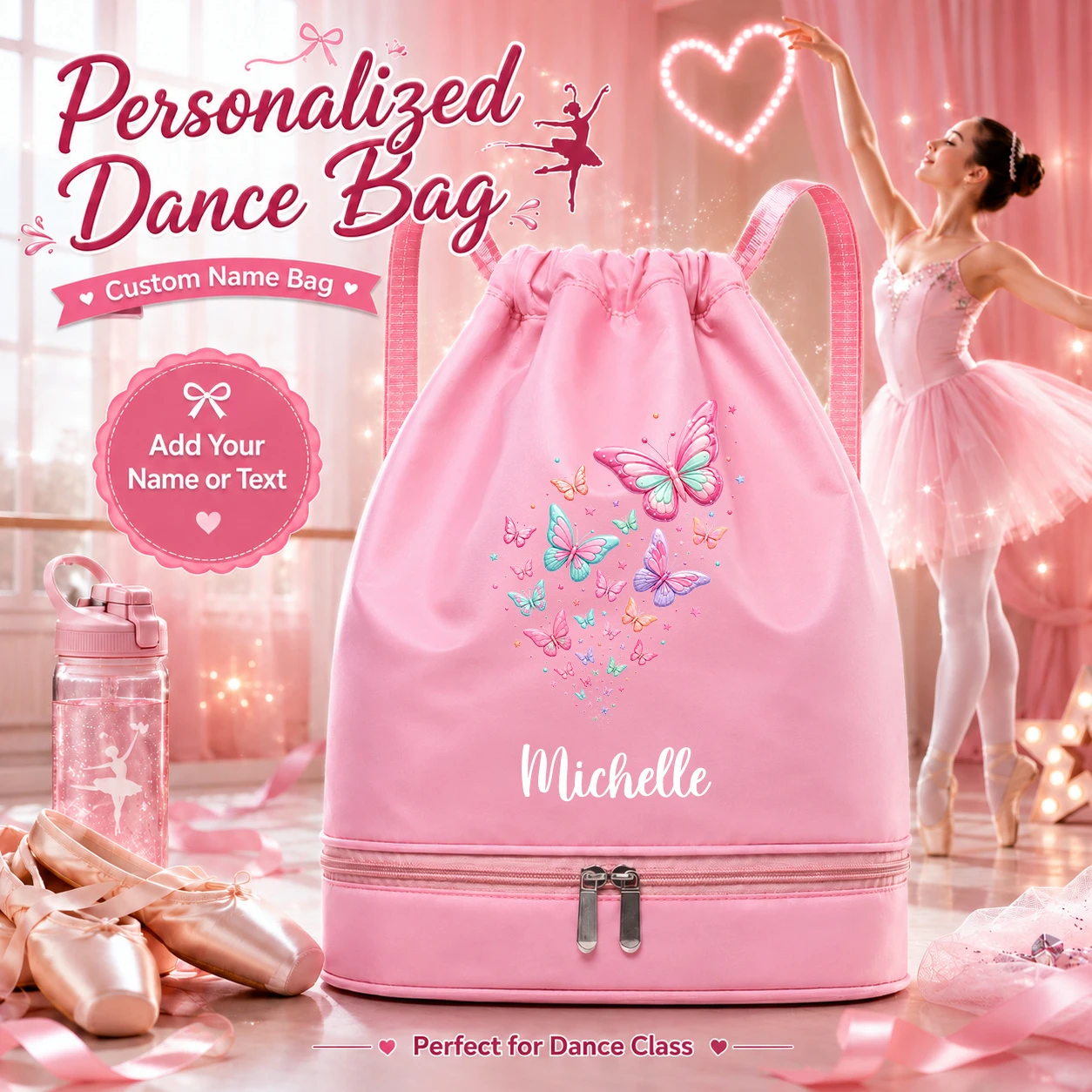 Image of Anpassbarer Rucksack mit Kordelzug und Schmetterlingsmotiv, Ausrüstungstasche für Ballettkurse, Schule, Schwimmunterricht und Fitnesscamps
