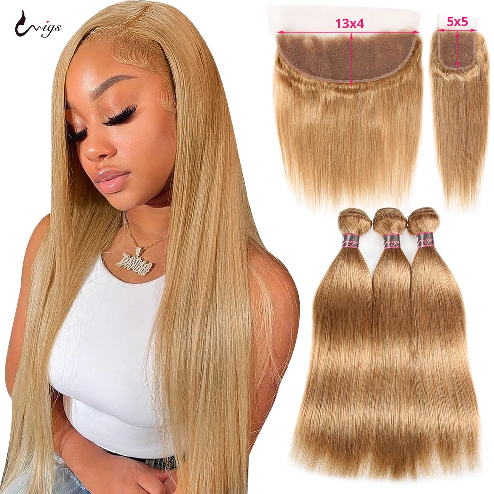 #27 Honey Blonde Bundles with 13x4 Frontal Highlight Bone Straight Bundles with Closure 5x5 Transparent Ombre Colored Human Hair