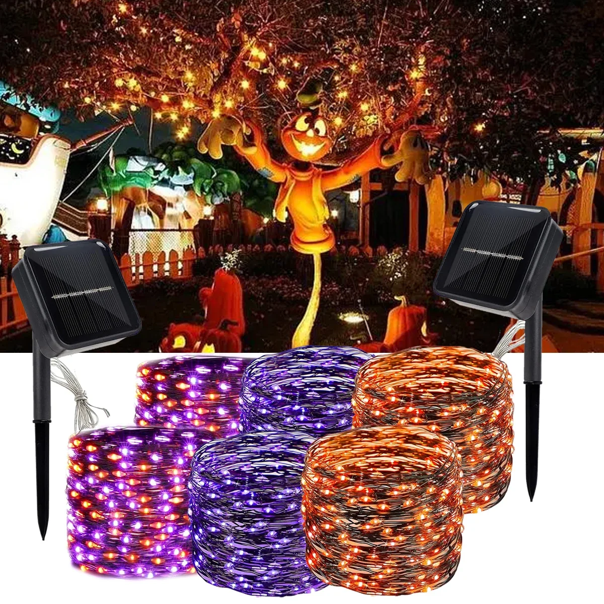 2 paczki 120 diod LED Halloween zasilane energią słoneczną czarne lampy z drutu miedzianego z 8 trybami oświetlenia zewnętrzna wodoodporna atmosfera horroru — 2