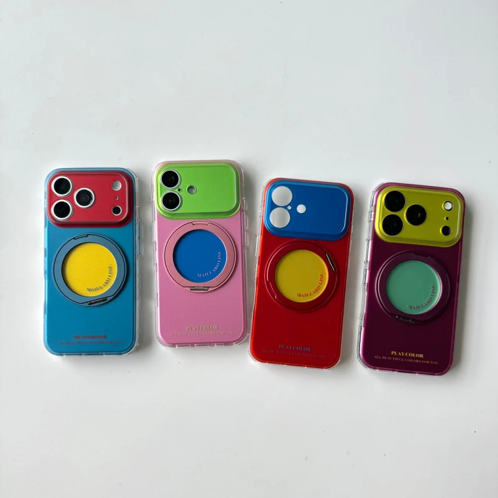 Korea Ins Dopamine Contrast Color Phone Case for iPhone 18 Pro 15 16 17 18 Pro Max with Magsafe Holder, Fashion Shockproof Cover