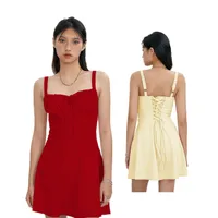 WPNAKS-Vestido corto Sexy de Color liso para mujer, ropa de fiesta de noche de verano, vestido elegante sin mangas moldeador de cintura de espina de pescado con lazo