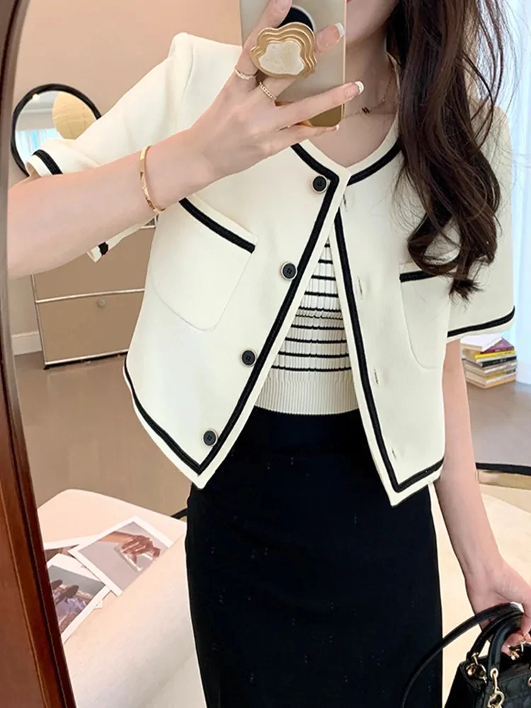 2023 New Short Sleeve Round Neck Fragrant Suit Coat Women\'s Spring/Summer Thin White Blazers