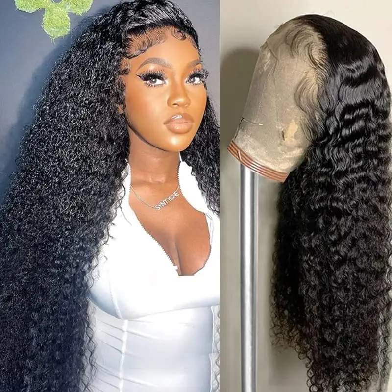 

Natural Black Deep Wave Lace Front Wig Human Hair 4x4 Pre Combed Brazilian Wet Wave 180% Density Black Women's Wig # 1B