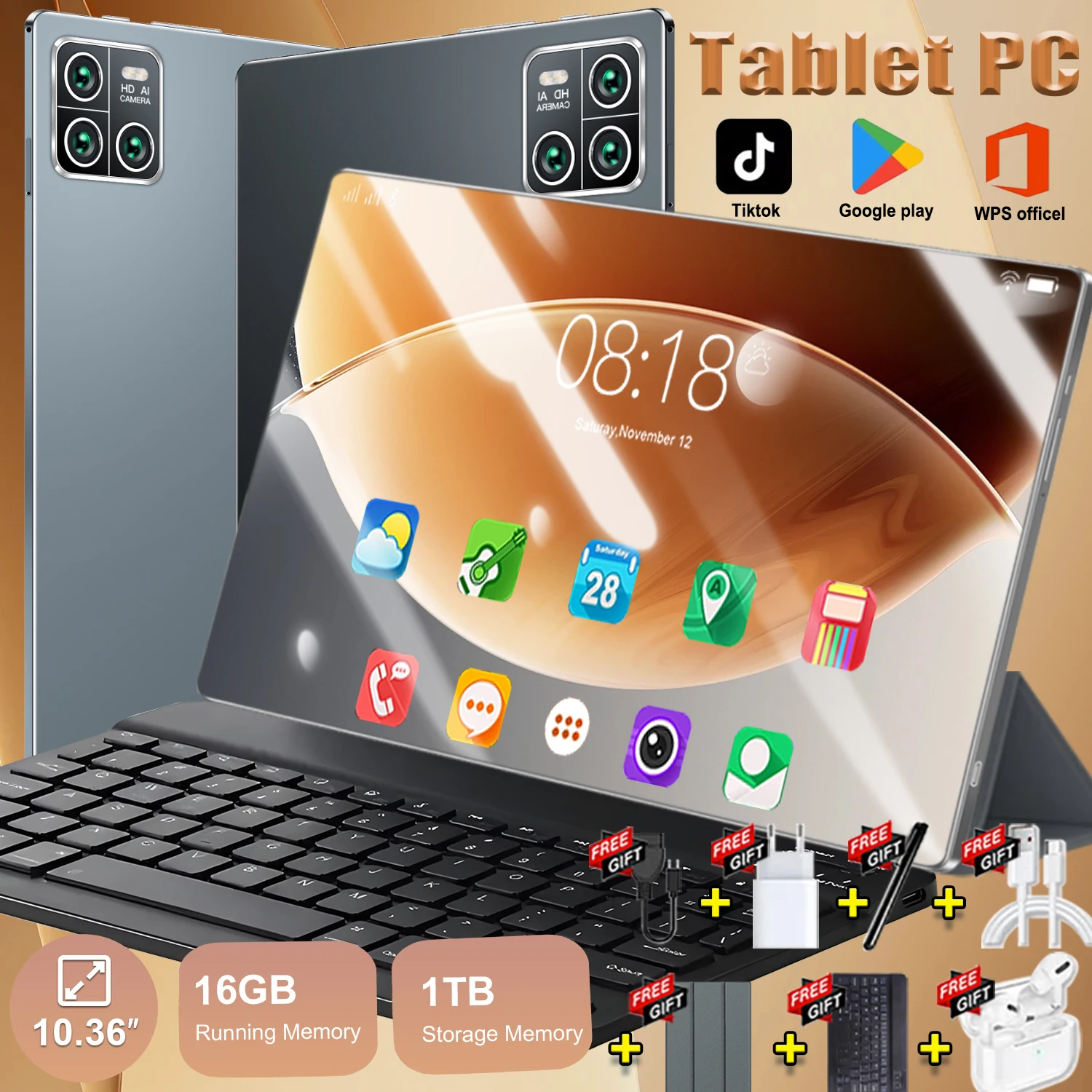 Tableta Android Global de 10.36 Pulgadas 2026, WiFi, Sistema Operativo Android 13.0, 14 Núcleos, 16GB+1TB, 20000mAh, Cámaras Frontal y