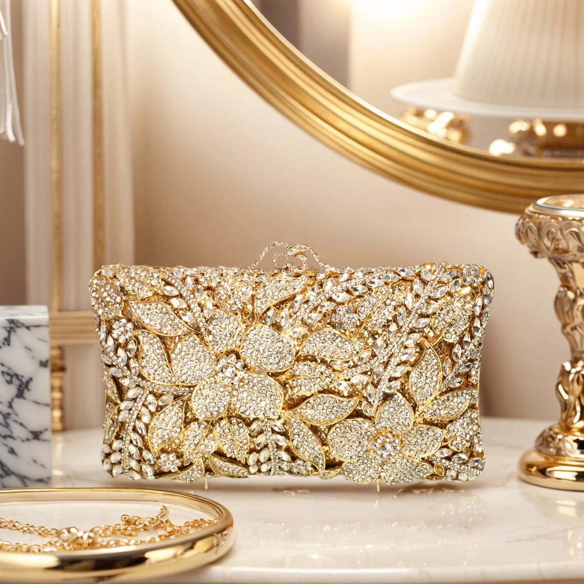 

Vintage Women Floral Rhinestone Evening Bag Elegant Flower Hollow Out Crystal Handbag Diamond Clutch Purse for Prom Party