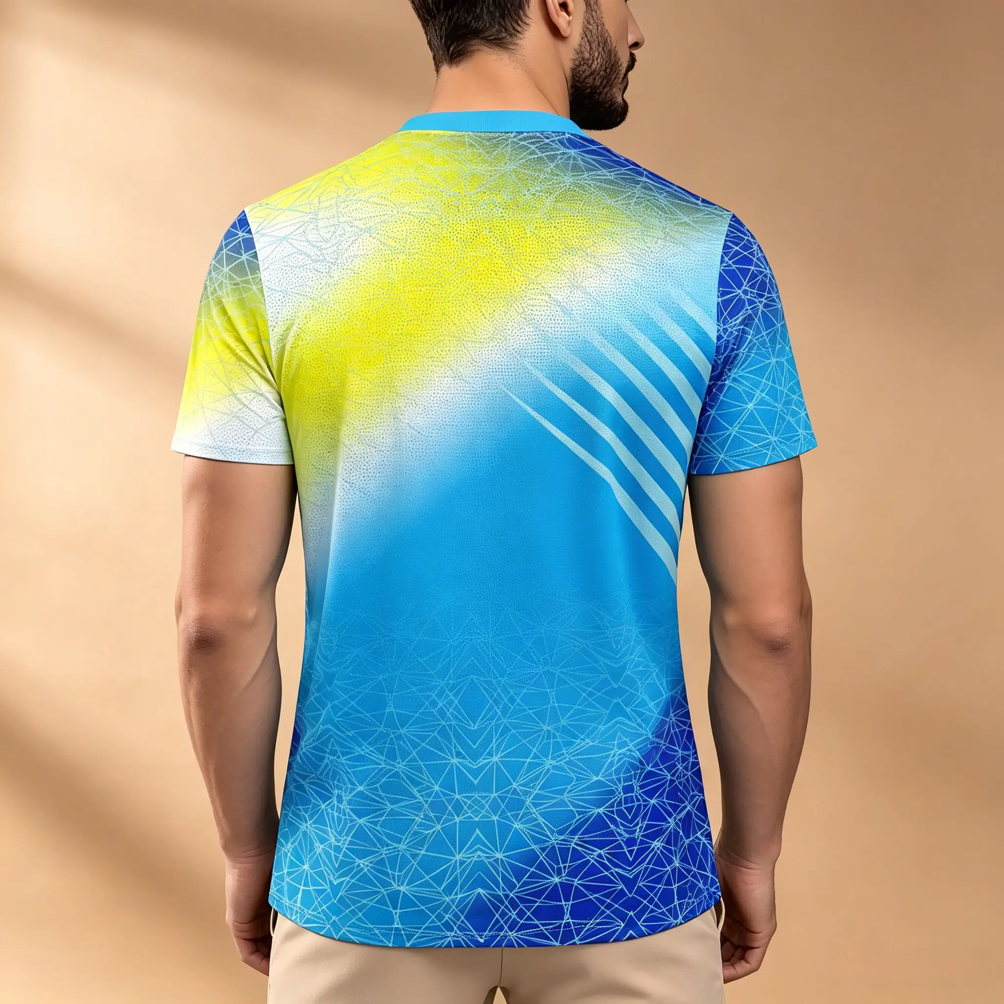 Men's Quick Dry Athletic T-Shirt, Blue Yellow Gradient Tech Mesh Line Stream Print Soft Breathable Gym Running Training Short Sl