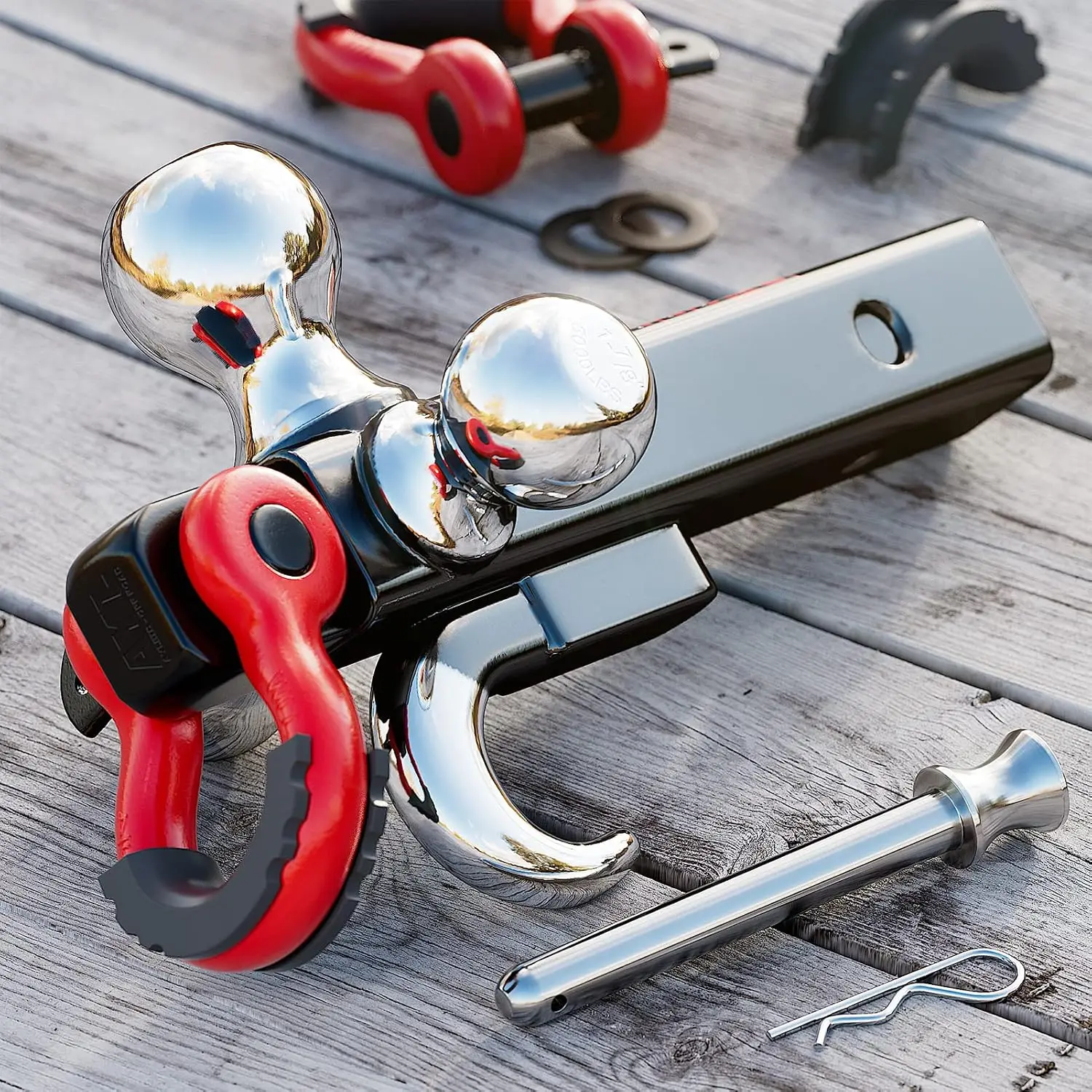 Trailer Hitch Tri-Ball Mount with Hook&Pin&Rotatable Tow Shackle,Fits 2-in Receiver with 1-7/8-in,2-in,2-5/16-in Hitch Ball