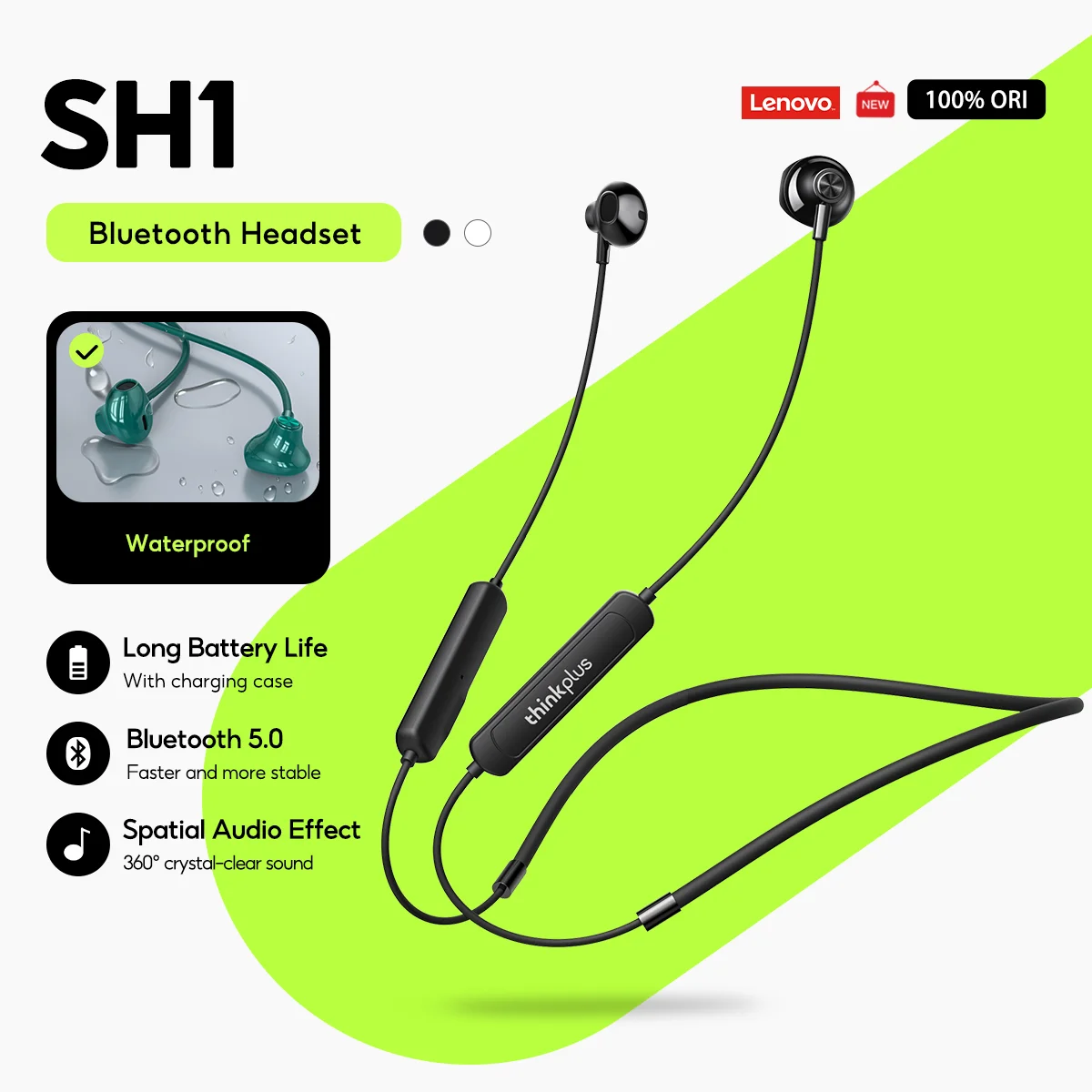 

Lenovo Earbuds SH1 Neckband Sports Bluetooth 5.0 Earphone True Wireless Handfree 5.0 IPX5 Long Battery TWS Headphone Microphone