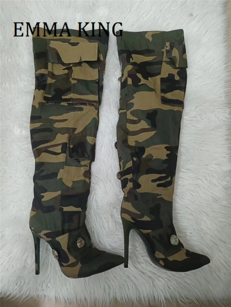 2022 nuove donne Camouflage stivali alti al ginocchio tasca femminile tacchi a spillo stivali Sexy punta a punta coscia alta Botas De Mujer