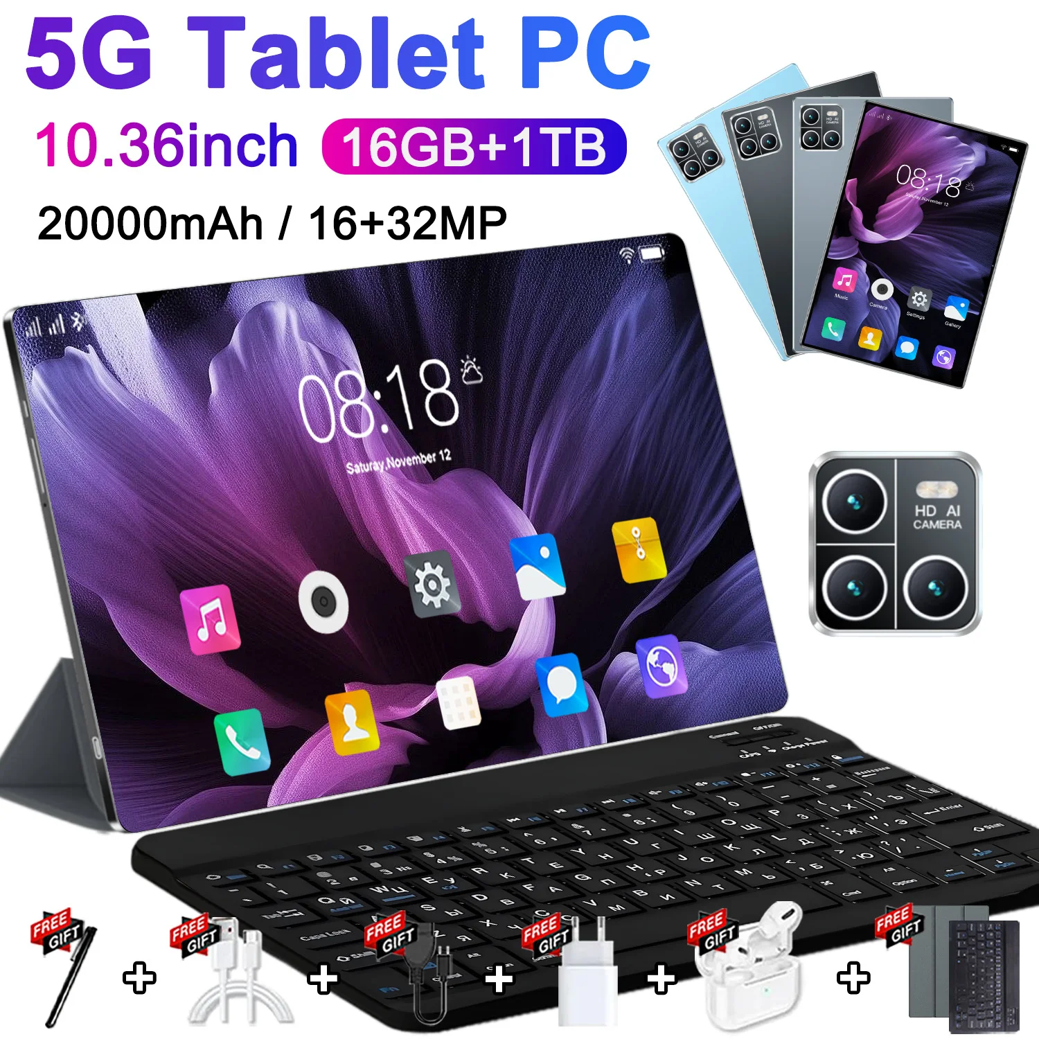 Tablette Android 5G 2026, double SIM, double caméra, Android 13.0, 20000 mAh, 10,36 pouces, Google Play, processeur 14 cœurs, 16 Go de RAM, 1 To de ROM, tablettes PC