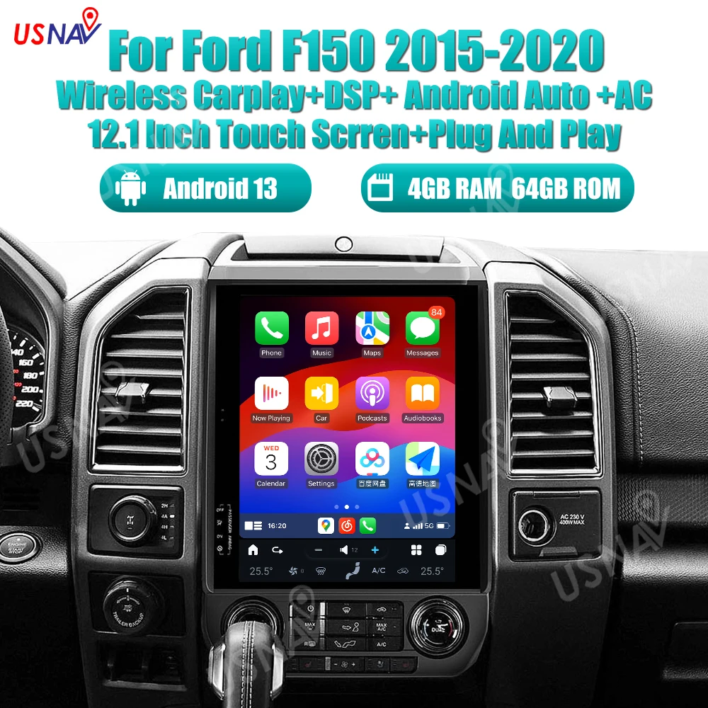 USNAV Latest Tesla Android 13 Head Unit 12.1 Inch Car Radio For Ford F150 2015-2020 GPS Navigation DVD Stereo Player