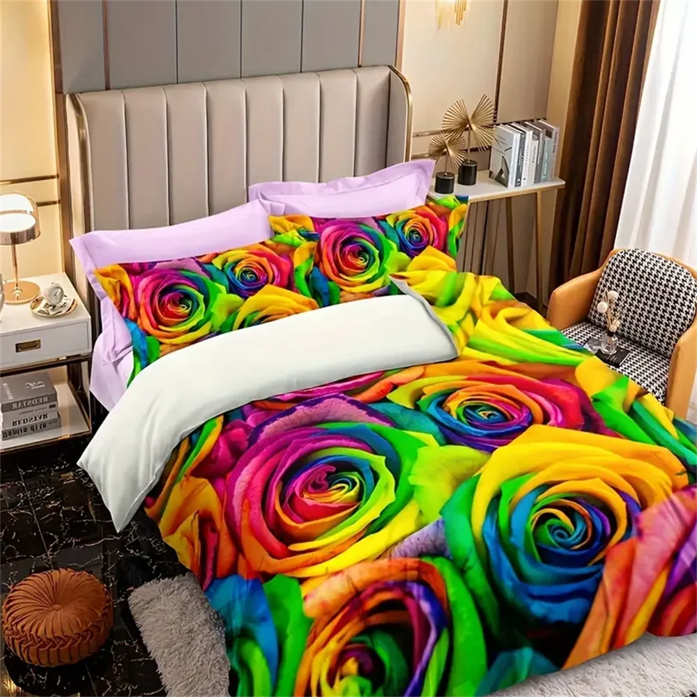 3pcs Rainbow Rose Floral Bedding Set, Tie Dye Flower Bedroom Decor Duvet Cover Set, No Filler (1pc* Duvet Cover + 2pcs*Pillowcas