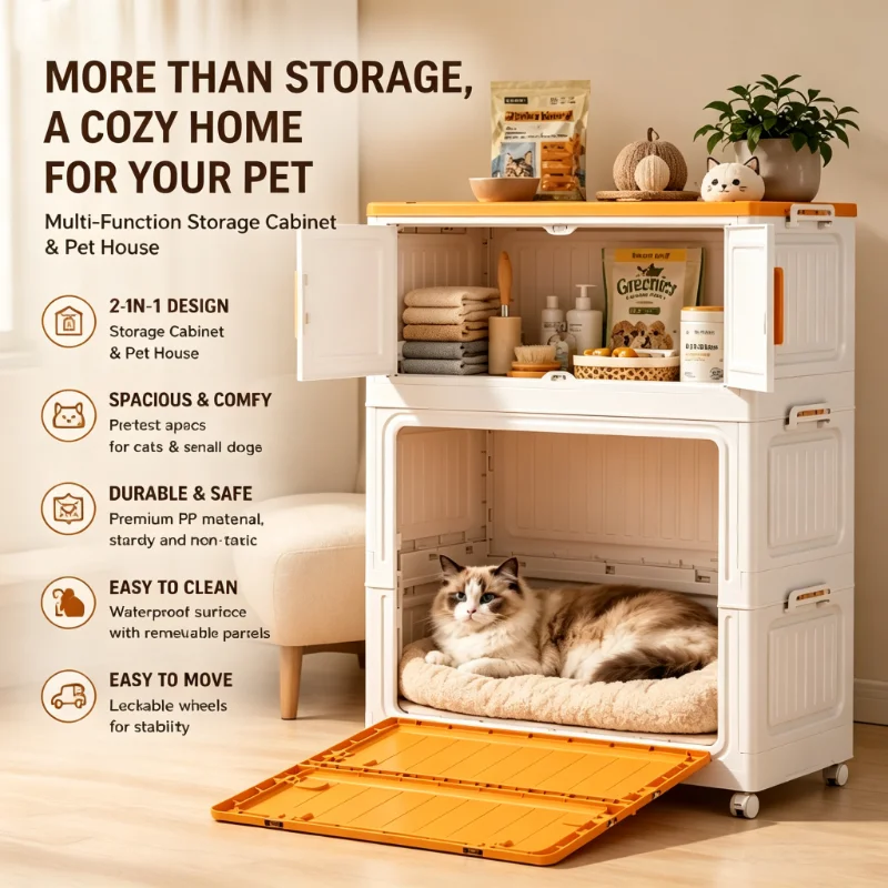 White Orange 2-in-1 Foldable Stackable Storage Cabinet & Indoor Cat House, No Assembly Collapsible Magnetic Double Door Organizer Chest with Lockable 360° Rolling Casters Side Connection Buckles Convertible Pet Shelter for Small Dogs Pet Supplies Toys Foo