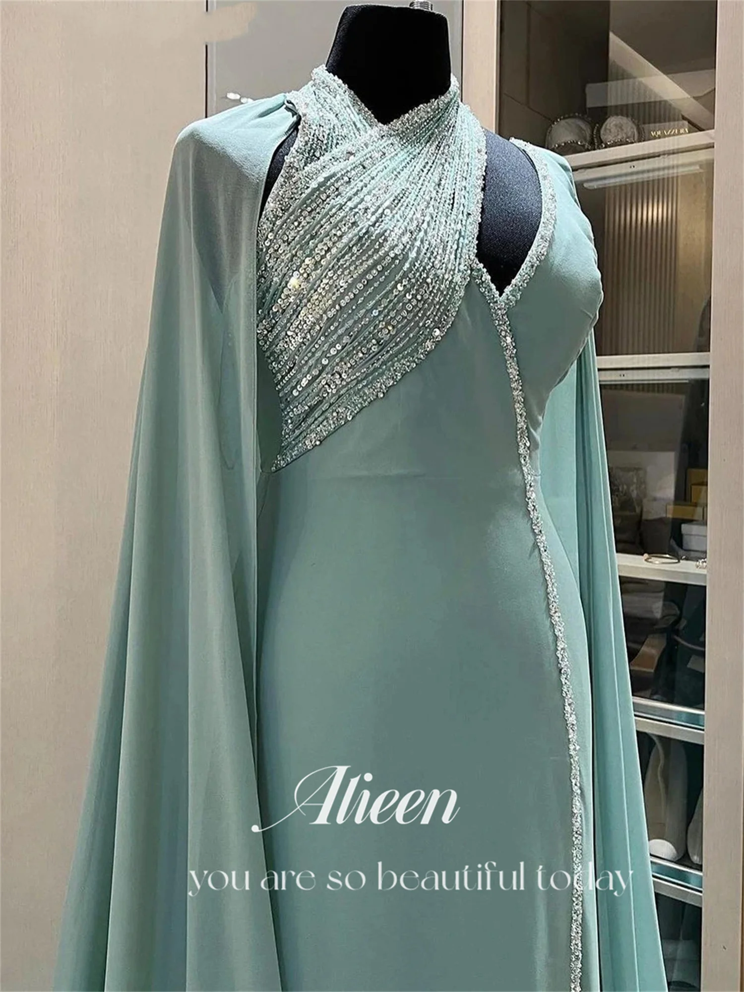 Aileen Mint Green Shawl Beaded Luxury Dubai Evening Gown Elegant Party Dress for Women 2024 Gala Dresses Women's Robe Long Prom