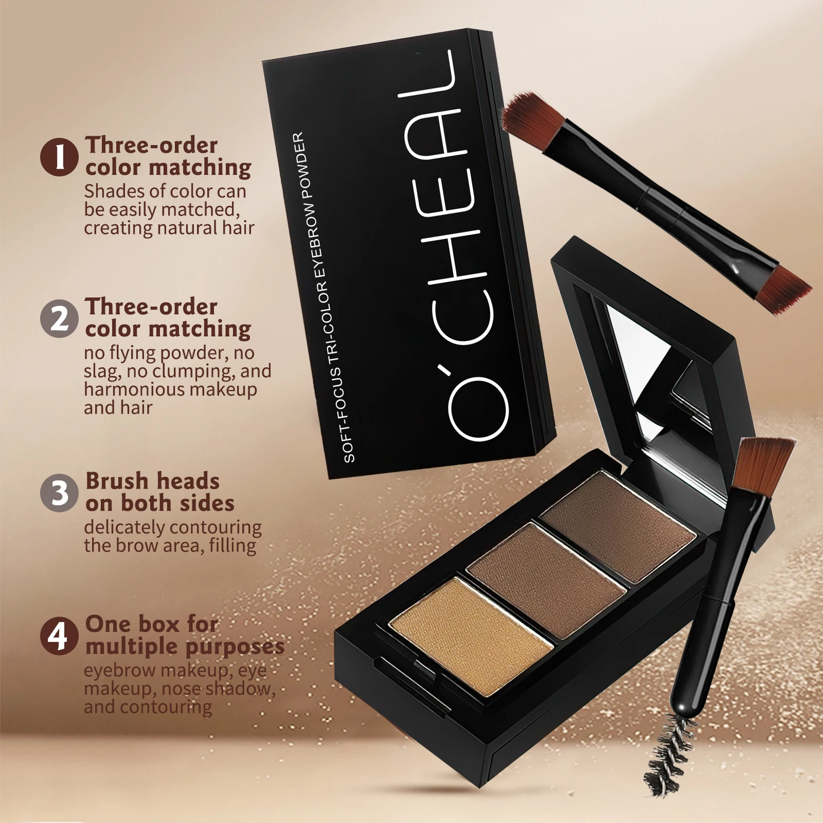 Ocheal 3Color Eyebrow Powder Black Brown Lift Eyebrow Professional Waterproof Cosmetic Eye Shadow Palette with Brush