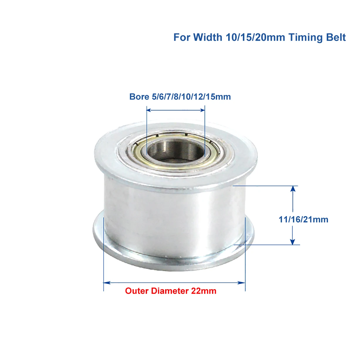 

OD 22mm Idler Timing Pulley For Width 10/15/20mm Timing Belt Bearing Idler Gear Pulley Without Teeth 5/6/7/8/10/12/15mm Bore