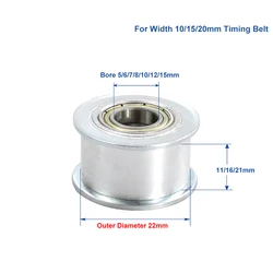 OD 22mm Idler Timing Pulley For Width 10/15/20mm Timing Belt Bearing Idler Gear Pulley Without Teeth 5/6/7/8/10/12/15mm Bore