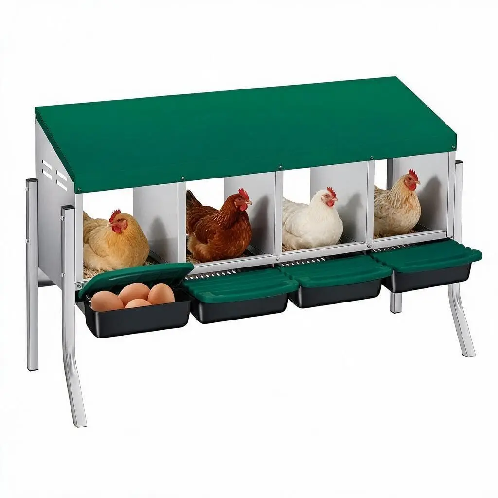 Nid de ponte pour poules Legenester, en métal, pliable, avec pieds de support, vert, 4 compartiments |     Œufs propres sans risque de bris, hygiène maximale grâce au système de coquilles interchangeables, matériau durable et résistant à la rouille, ventilation optimale