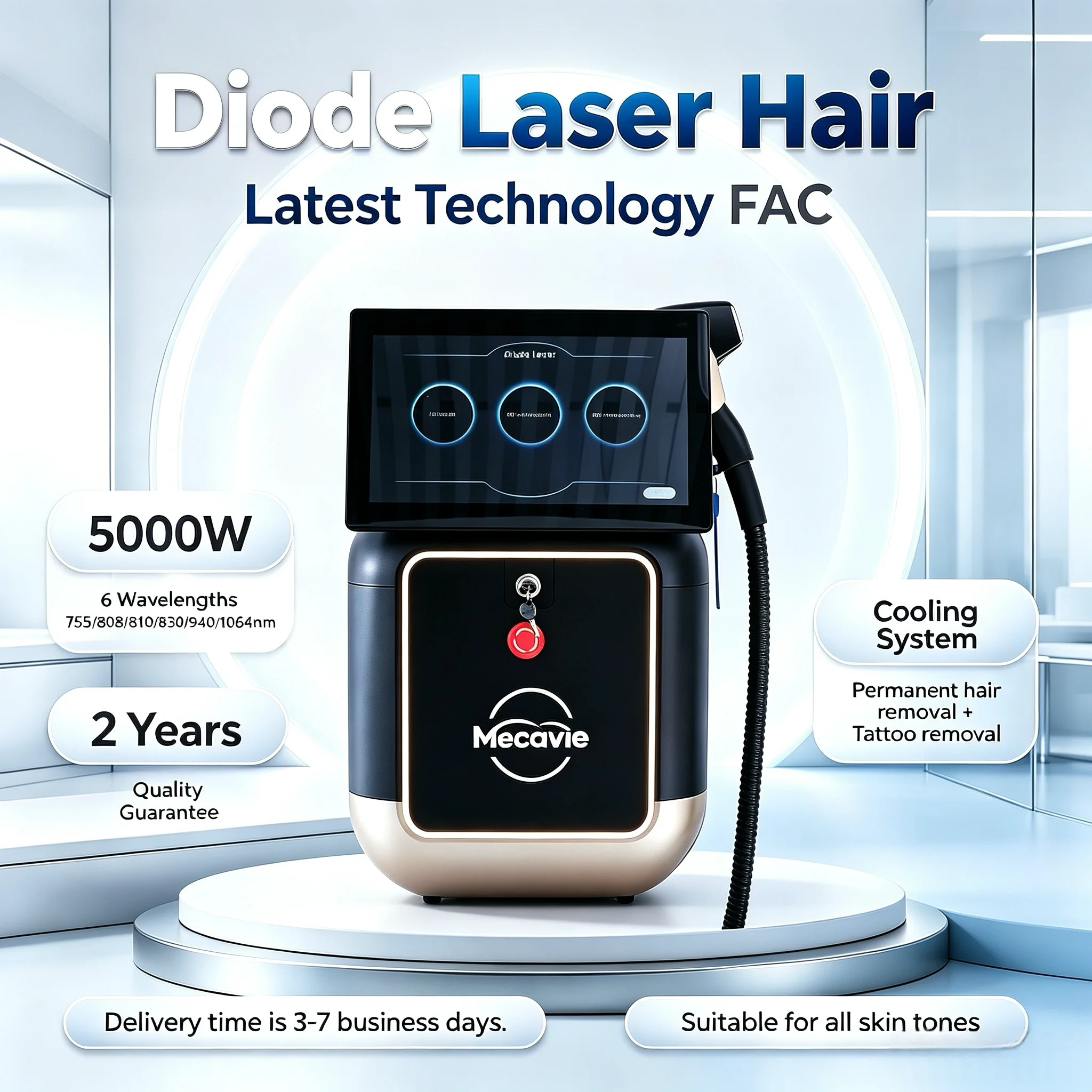 5000W Diode Laser Hair Removal Device for Tattoo Removal 6 Waves 755 808 810 830 940 1064nnm and Permanent Hair Removal