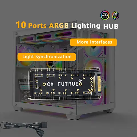10-Port ARGB Lighting Hub with 5V 3-Pin Connector, PC ARGB Fan Controller for Lighting Synchronization, SATA Power Supply