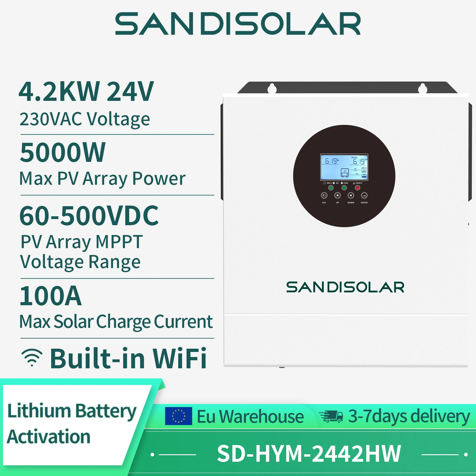 SANDISOLAR 11KW 48V 6.2KW 48V 4.2KW 24V Solar-Hybrid-Wechselrichter 48V 230V Dual MPPT 500VDC Eingang 160A Ladestrom Reine Sinuswelle Notstromlösung