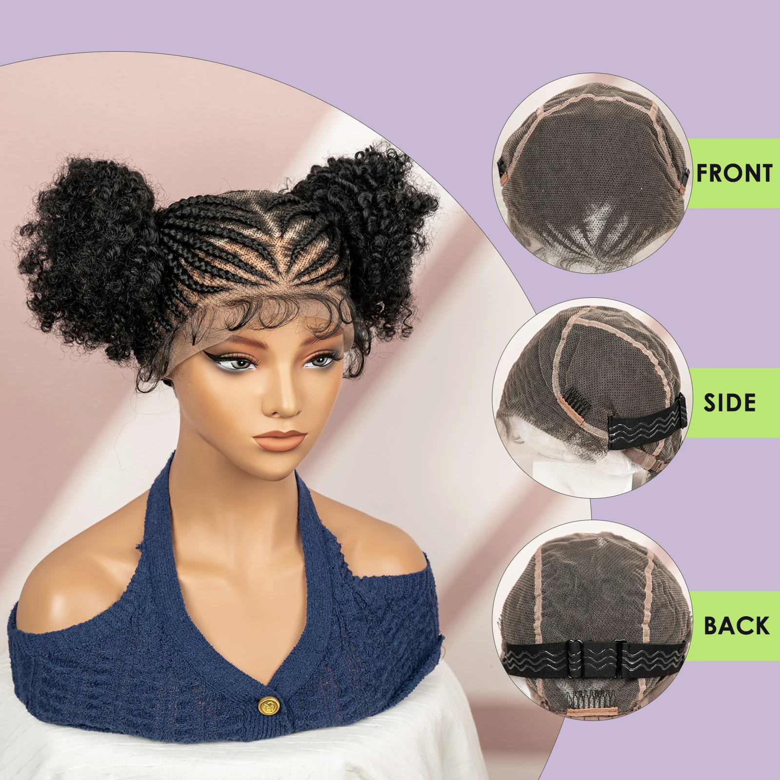 Afro Cornrow Braided Wigs for Black Women 360 full Lace Twin Buns Braiding Hair Wig 6 Inches Short Afro Curly Wig