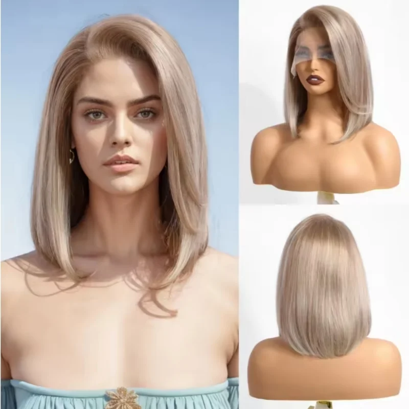13*4 Lace Front Human Hair Wigs Ombre Light Blonde Short Straight Bob Lace Frontal Wigs for Women Daily Use Remy Human Hairs