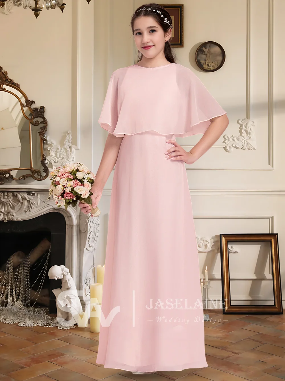 B Aライン スクープ フロアレングス シフォン ケープ ジュニアブライドメイドドレス フラワーガールドレス ガールズ ウェディングパーティー フォーマル 特別な機会