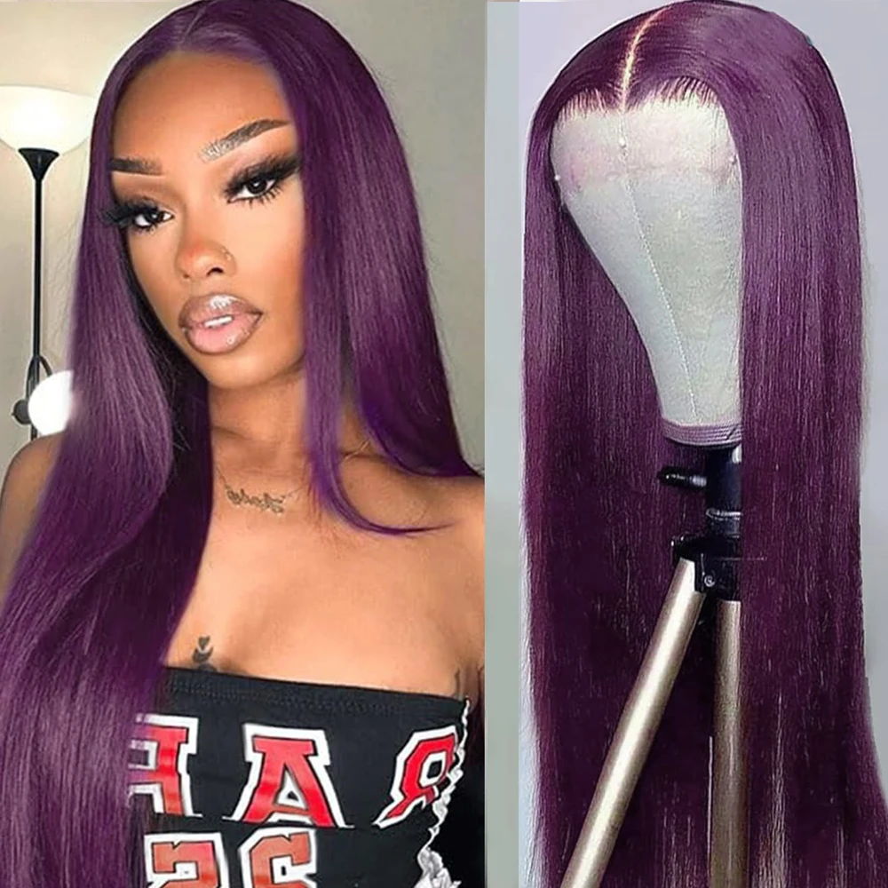 

Темно-фиолетовые парики фронта шнурка 13X4, предварительно выщипанные натуральные волосы, темно-бордовые длинные прямые бесклеевые парики, синтетический парик фронта шнурка