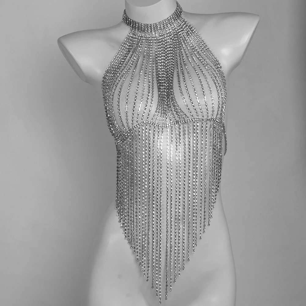 Womens Fringe Crystal Bra Chain Silver Tassle Rhinestone Bralette Metal Chain Harness Body Jewelry