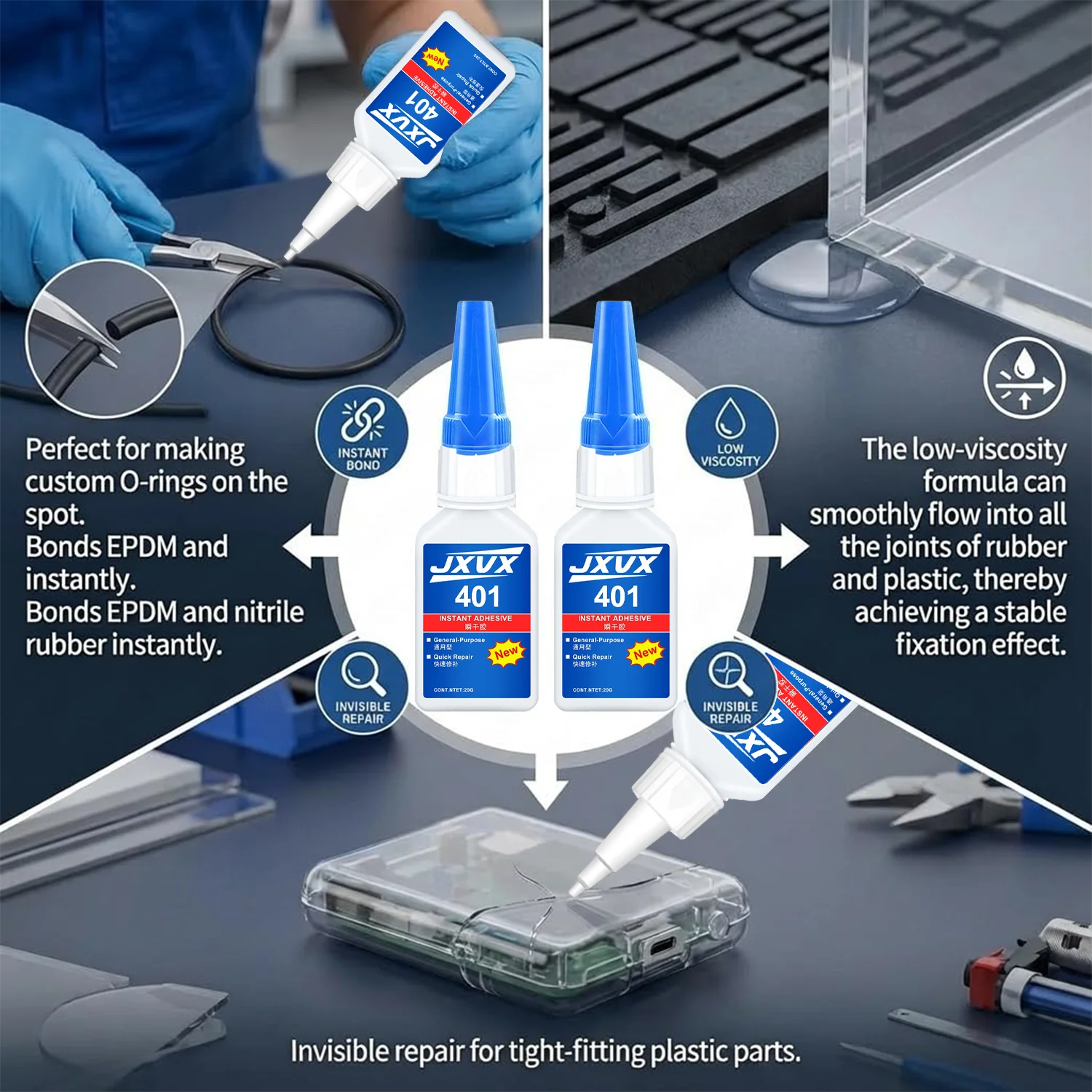 Brand-new 401 super glue super cyanoacrylate glue, instant drying in 5 seconds,Non-whitening Low odor Leather Rubber Wood Metal glass Strong Bond Liquid waterproof, stable and versatile bonding tool.1-6PCS - view 5