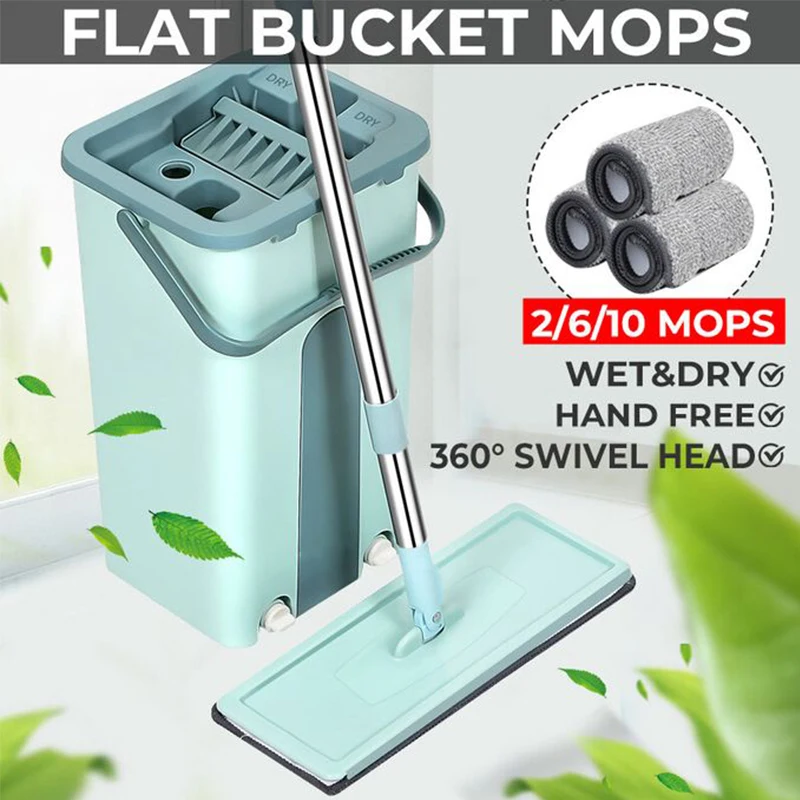 Flat Squeeze Mop with Bucket Hand Free Wringing Floor Cleaning Mop Microfiber Mop Pads Wet or Dry Usage on Hardwood Laminate