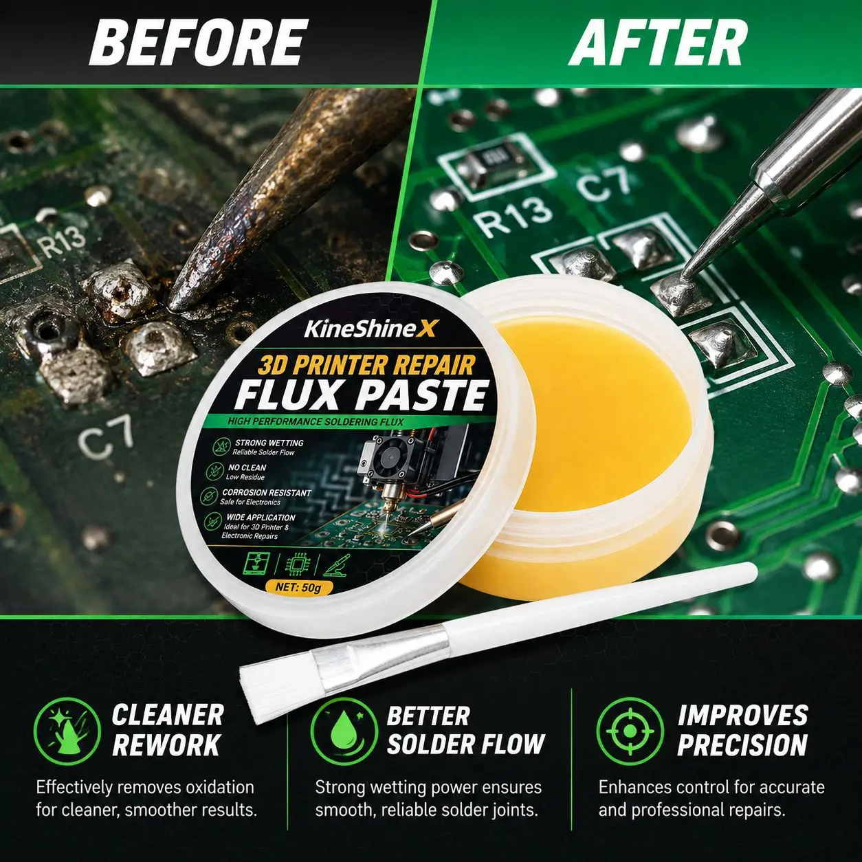 3D Printer Repair Flux Paste, 50g No-Clean Soldering Flux for Mainboard Hotend PCB Rework, Strong Wetting, Low Residue DIY Tools
