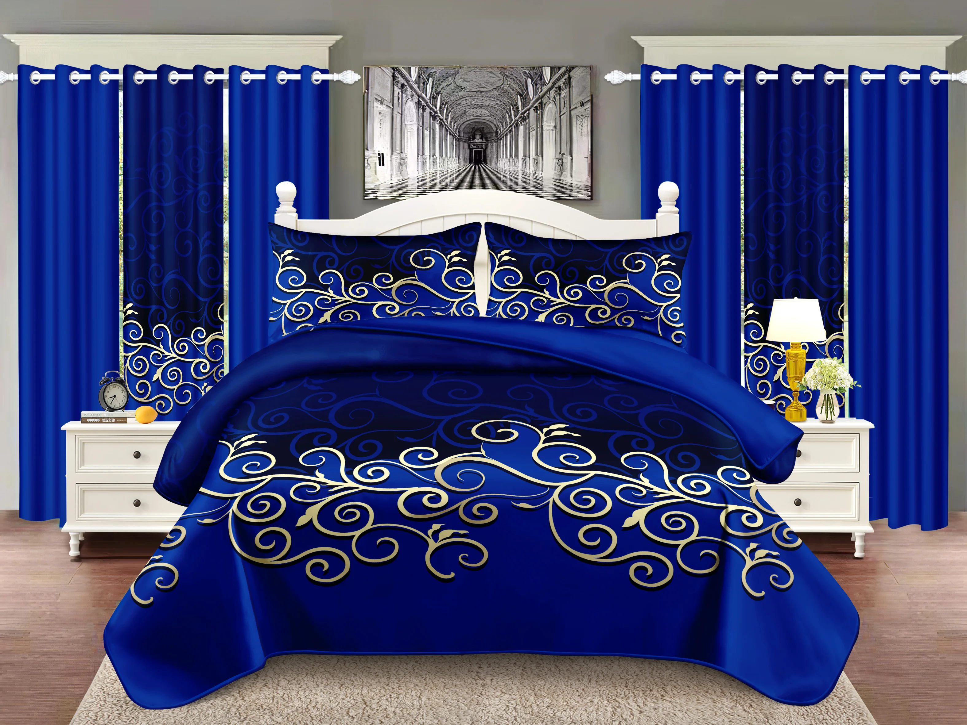 

Print 9pcs Bedding Set(1*Bedspread+2*Pillowcases+2*Print Curtains+4*Solid Curtains) Soft Comfortable Noble Blue