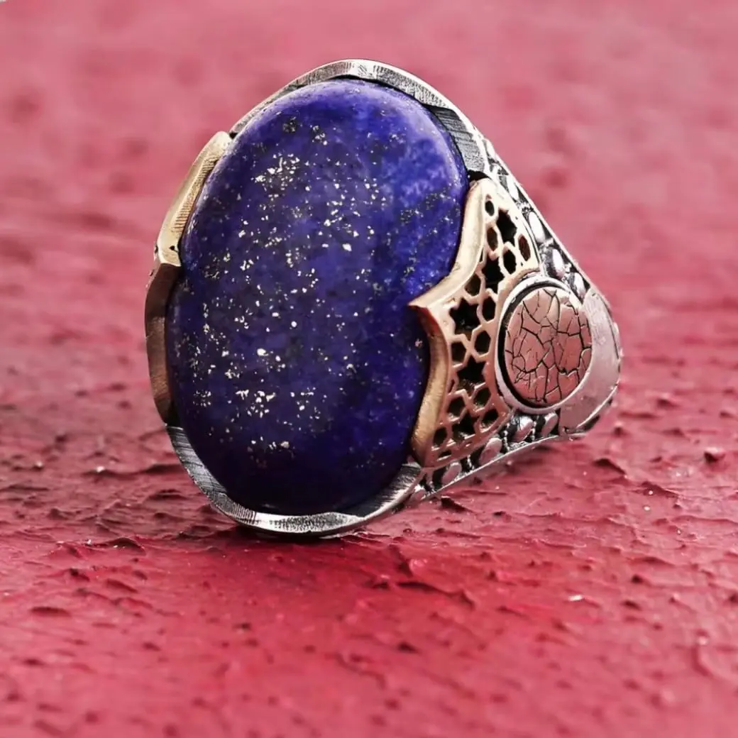 Personalized Silver Ring with Soil Theme and Vibrant Lapis Lazuli Stone-Customizable Nature-inspired Jewelry -Lapis Lazuli Stone