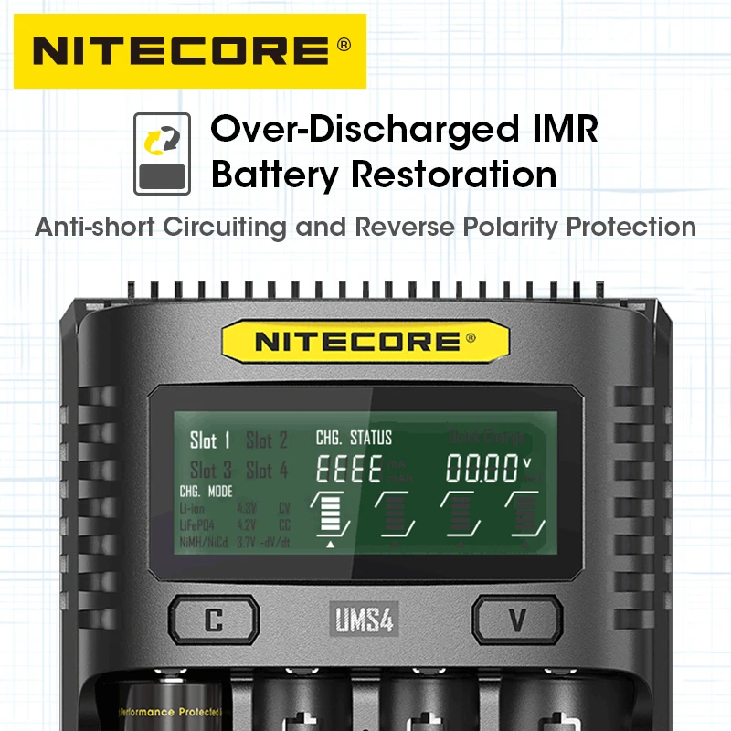 NITEORE UMS4 USB-C Battery Charger Four Slots 18W QC Fast Charging Intelligent Charger For 21700 18650 14500 26650 AA AAA