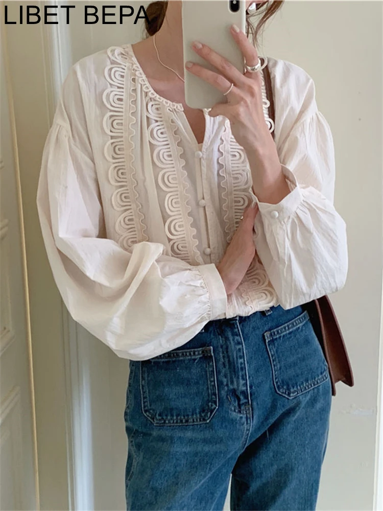 BL9775 New 2022 Korean Fashion Patchwork Wild Office Oversized Chic Women Blouses Shirts Autumn Winter Vintage Elegant Lady Tops