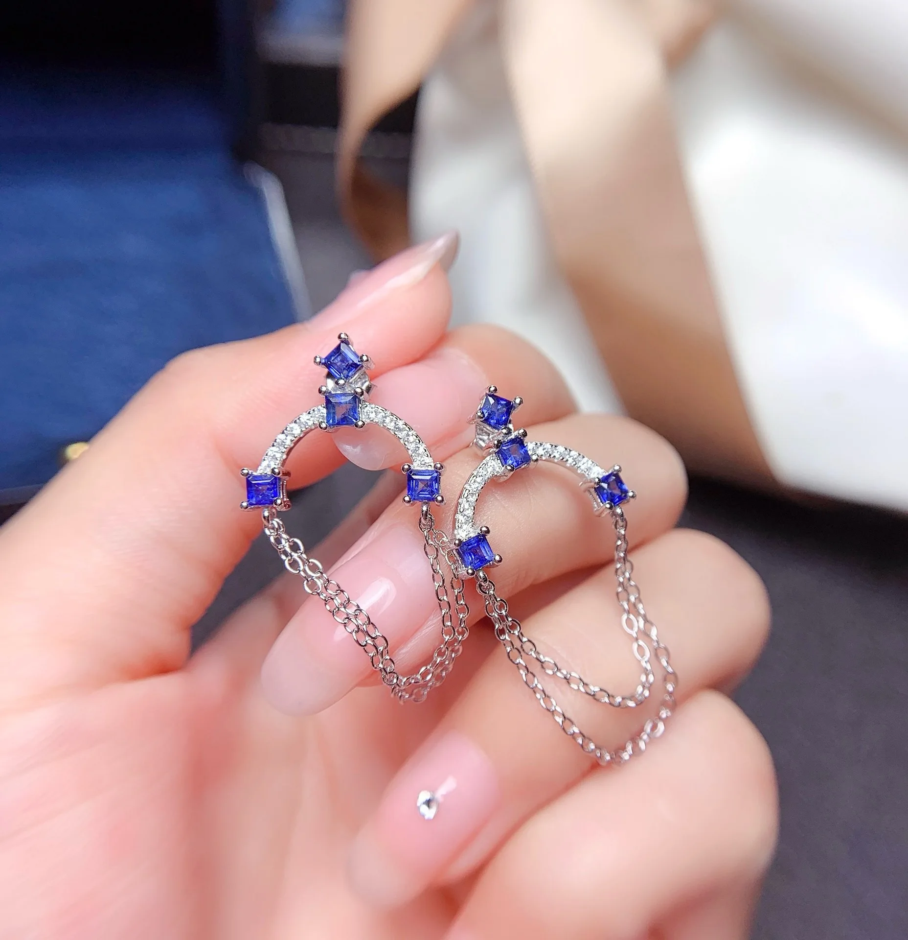 Jewelry Women's Natural Gem Earrings 925 Pure Silver Electroplated 18K White Gold 3x3mm Sapphire Gift for Girlfriend's Wedding 3