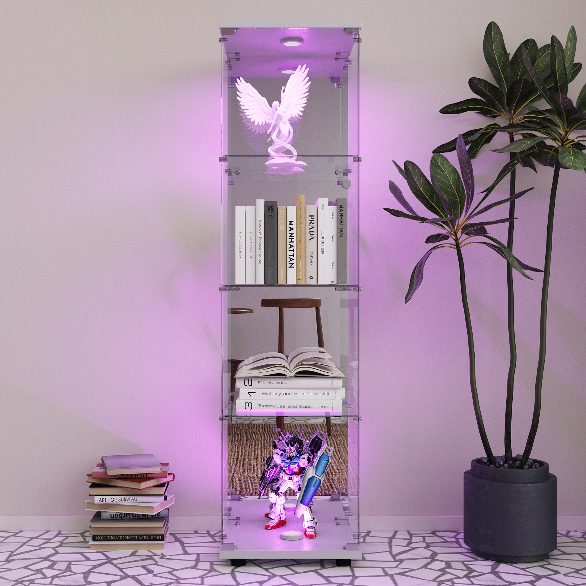 Anajqaqia Vetrina in vetro a specchio con 4 livelli, 1 anta, serratura, LED, per collezione, mobili