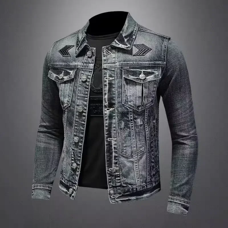 Męska kurtka dżinsowa w stylu vintage High Street Trend Luźna odzież motocyklowa do jazdy konnej Przystojna, swobodna, zapinana na guziki odzież męska — zdjęcie 2
