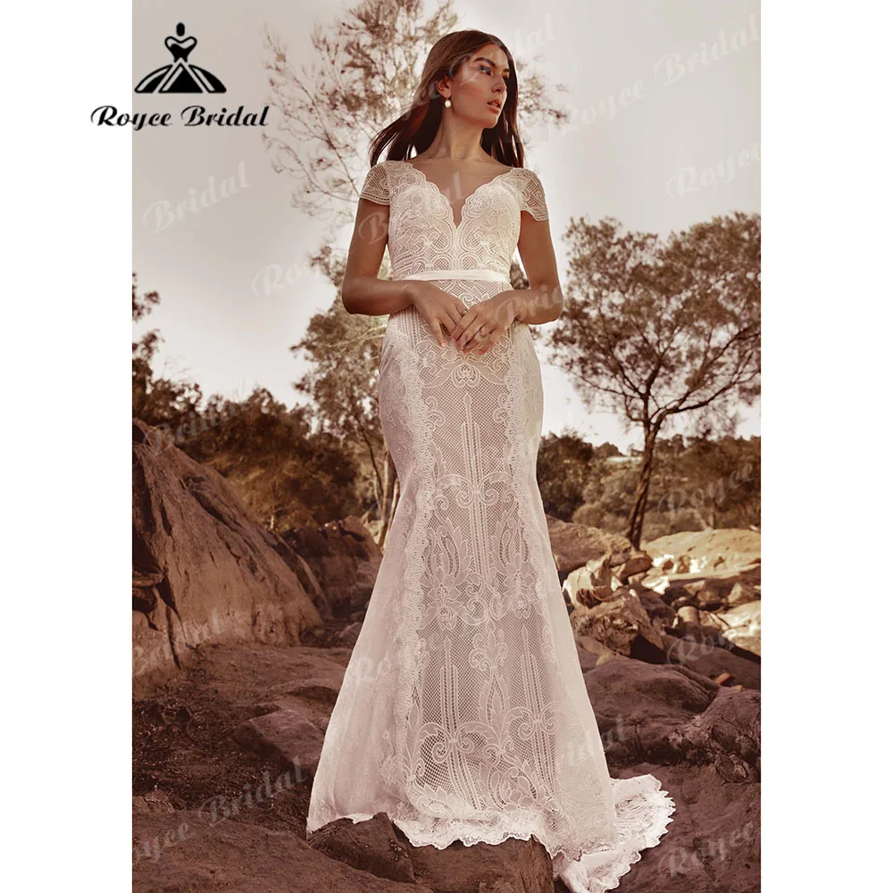 Suknie Slubne Roycebridal-Robe de mariée sirène avec mancherons, dentelle civile, V, présidence K, robe dos nu pour patients, personnalisée, 2025