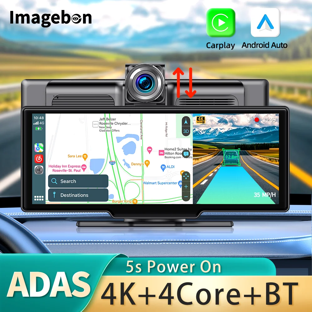 Imagebon 10.26 4K ADAS Dash Cam Wireless And Wired Carplay & Android Auto Car DVR AUX GPS Night Vision Video Recorder