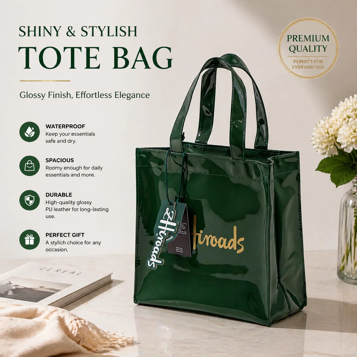 Stylish Waterproof Glossy PU Leather Tote Bag - Durable Spacious Handbag for Daily Use Shopping Work Travel Beach