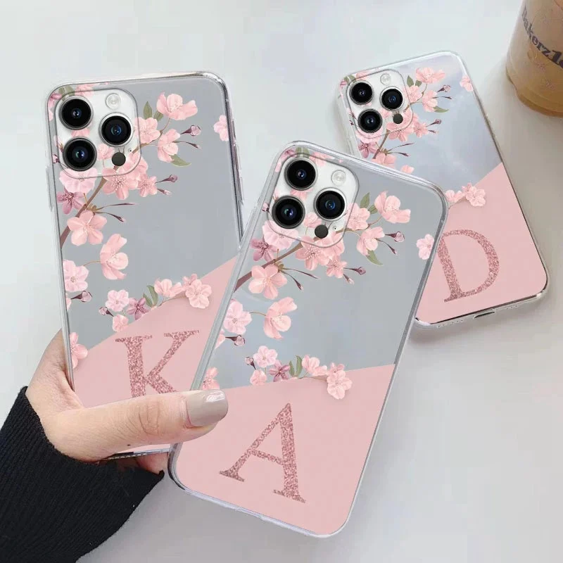 Etui z literami Flowers do iphone 14 Pro Max 14 Plus Capa Clear Soft Silicone Cover do iphone 14+ Fundas Alphabet Transparent Bag — zdjęcie 2
