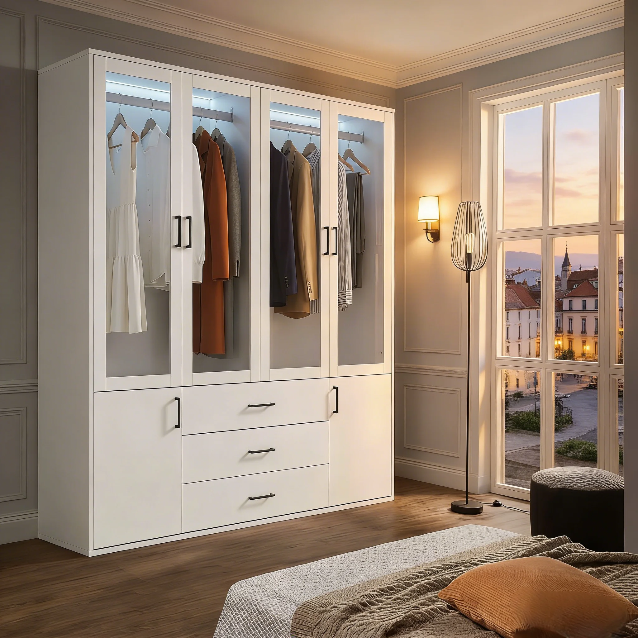 Ein viertüriger Kleiderschrank mit transparenten Türen, weißen Aufbewahrungsschränken, Kleiderbügeln, Schubladen, LED-Beleuchtung und schwarzen Metallgriffen.