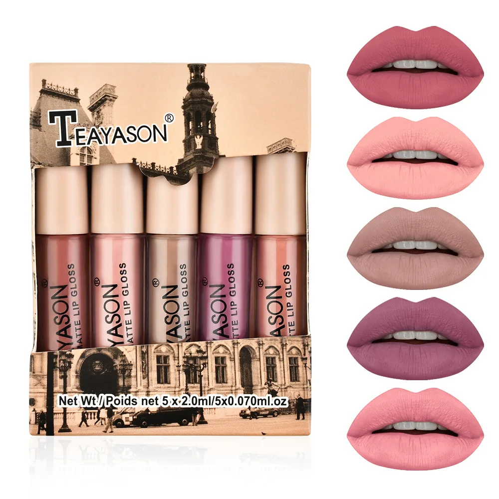 Leopard Print Round Tube 5-Piece Lip Gloss Set, Matte Waterproof Non-Fading Nude Color Set, Skin Tone Pumpkin Color Lip Glaze